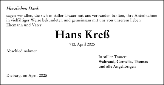 Traueranzeige von Hans Kreß von Dieburger Anzeiger/Groß-Zimmerner Lokal-Anzeiger