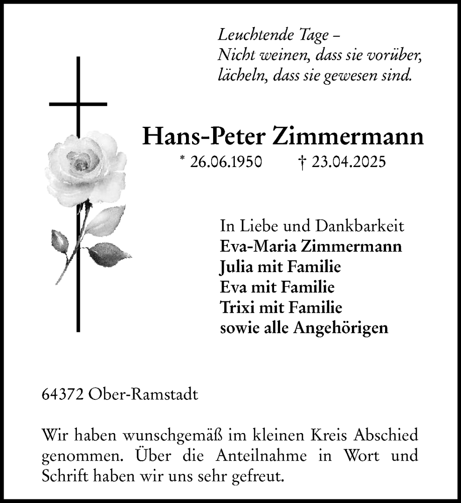  Traueranzeige für Hans-Peter Zimmermann vom 24.05.2025 aus Darmstädter Echo