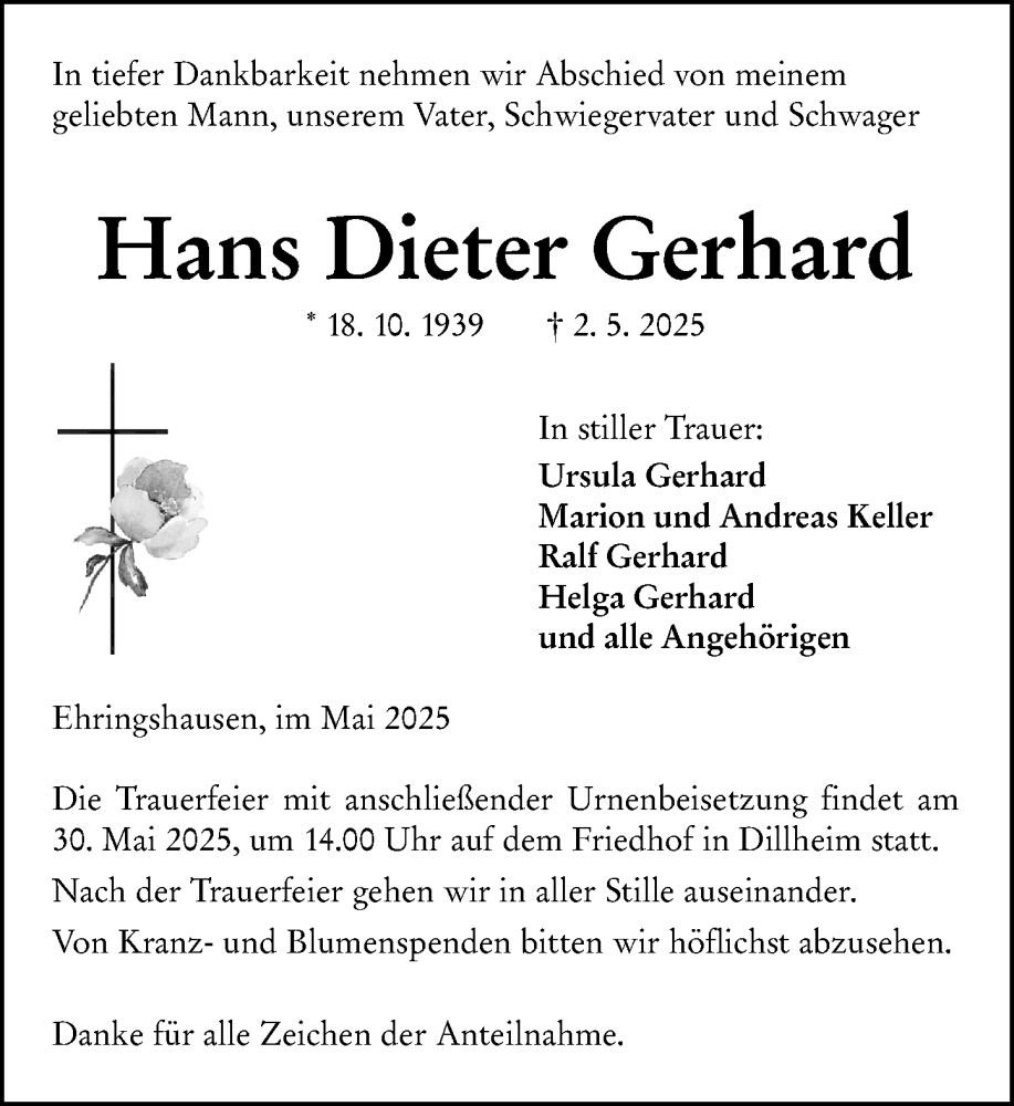  Traueranzeige für Hans Dieter Gerhard vom 17.05.2025 aus Wetzlarer Neue Zeitung