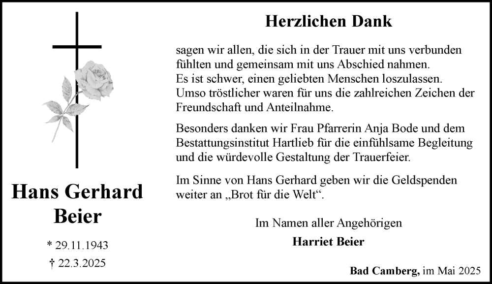  Traueranzeige für Hans Gerhard Beier vom 30.05.2025 aus Camberger Anzeiger