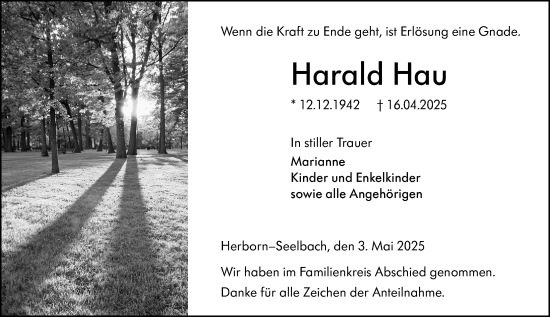 Traueranzeige von Harald Hau von Dill Block