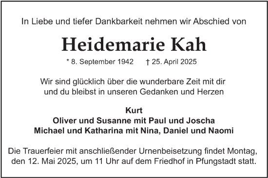 Traueranzeige von Heidemarie Kah von Darmstädter Echo