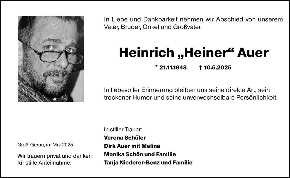  Traueranzeige für Heinrich Auer vom 31.05.2025 aus Groß-Gerauer Echo