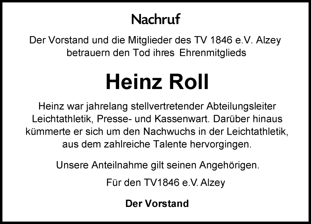  Traueranzeige für Heinz Roll vom 17.05.2025 aus Allgemeine Zeitung Alzey