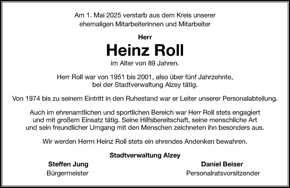  Traueranzeige für Heinz Roll vom 14.05.2025 aus Allgemeine Zeitung Alzey