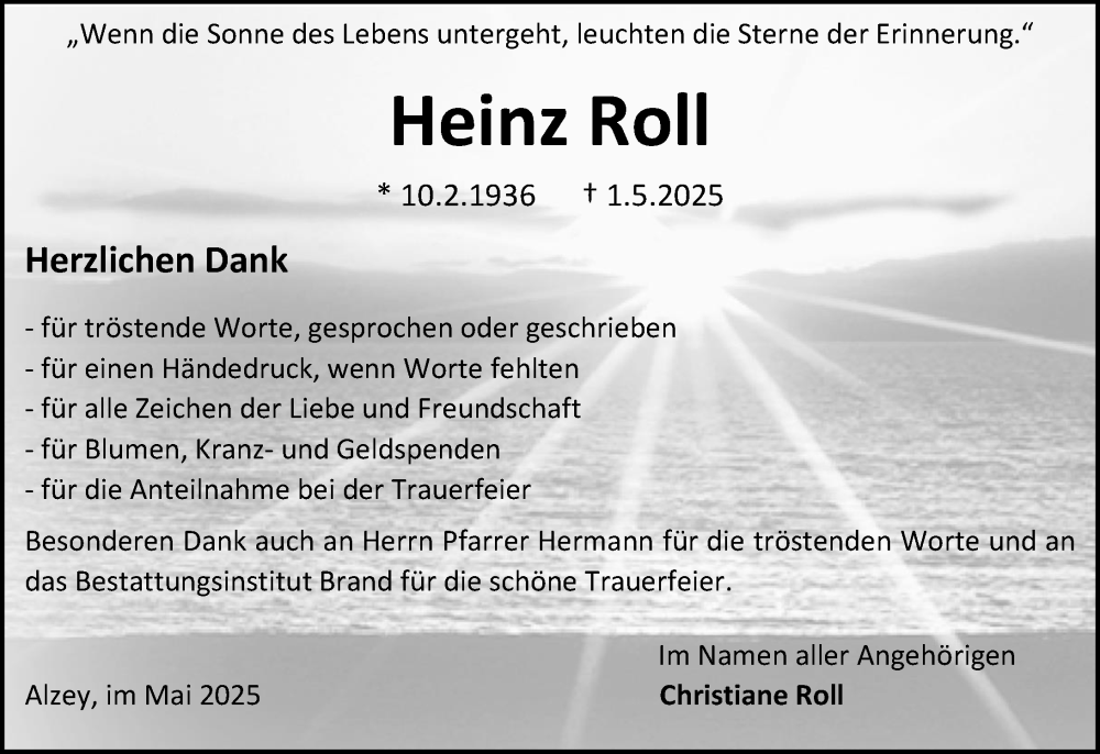  Traueranzeige für Heinz Roll vom 31.05.2025 aus Allgemeine Zeitung Alzey