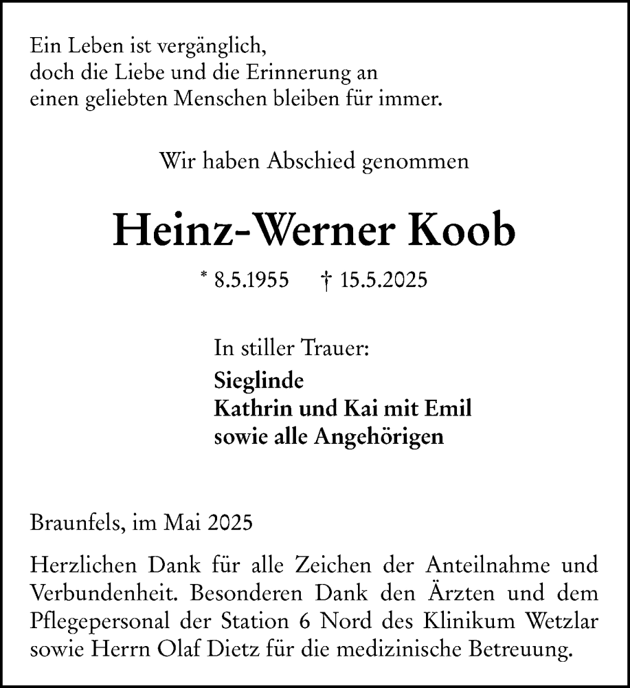  Traueranzeige für Heinz-Werner Koob vom 30.05.2025 aus Wetzlarer Neue Zeitung