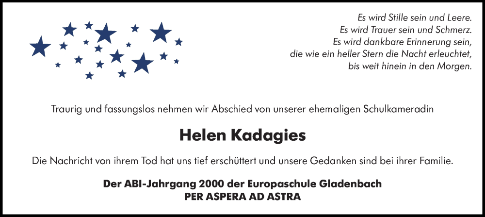  Traueranzeige für Helen Kadagies vom 17.05.2025 aus Hinterländer Anzeiger