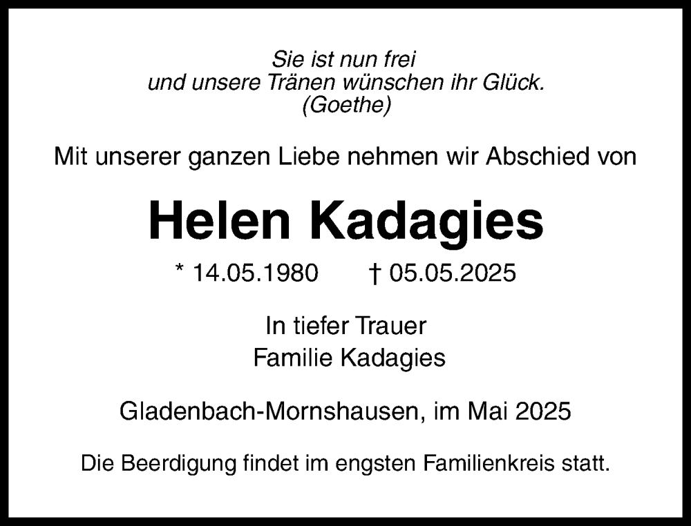  Traueranzeige für Helen Kadagies vom 10.05.2025 aus Hinterländer Anzeiger