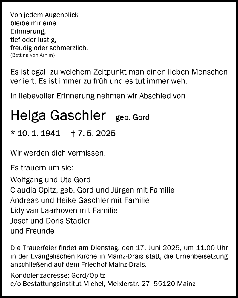  Traueranzeige für Helga Gaschler vom 17.05.2025 aus Allgemeine Zeitung Mainz
