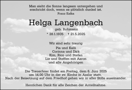 Traueranzeige von Helga Langenbach von Wetzlarer Neue Zeitung