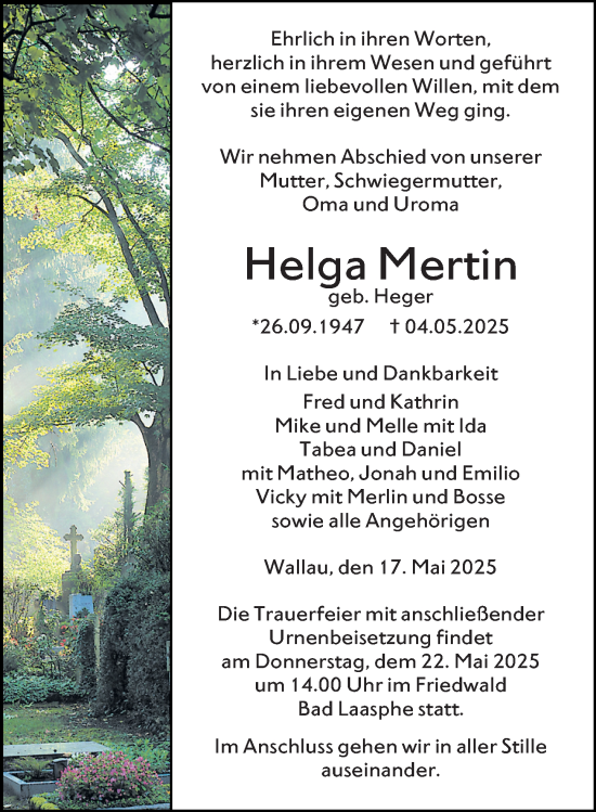 Traueranzeige von Helga Mertin von Hinterländer Anzeiger