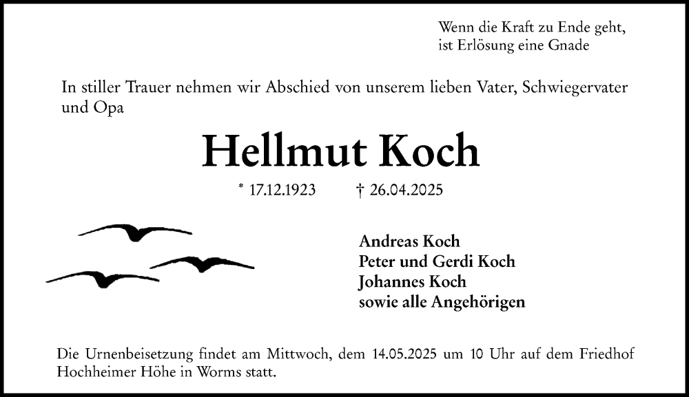  Traueranzeige für Hellmut Koch vom 10.05.2025 aus Wormser Zeitung