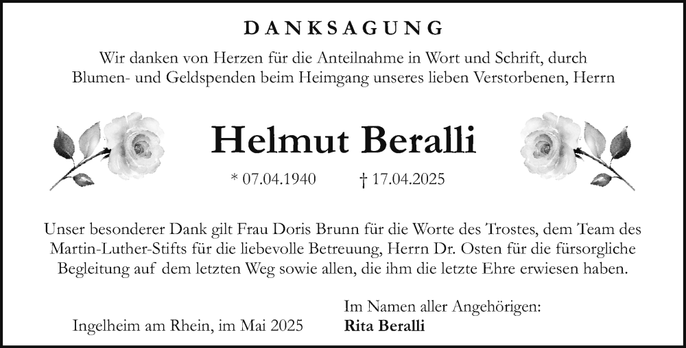  Traueranzeige für Helmut Beralli vom 31.05.2025 aus Allgemeine Zeitung Rheinhessen-Nahe