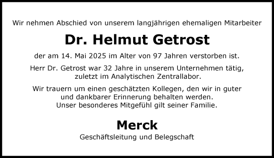 Traueranzeige von Helmut Getrost von Darmstädter Echo