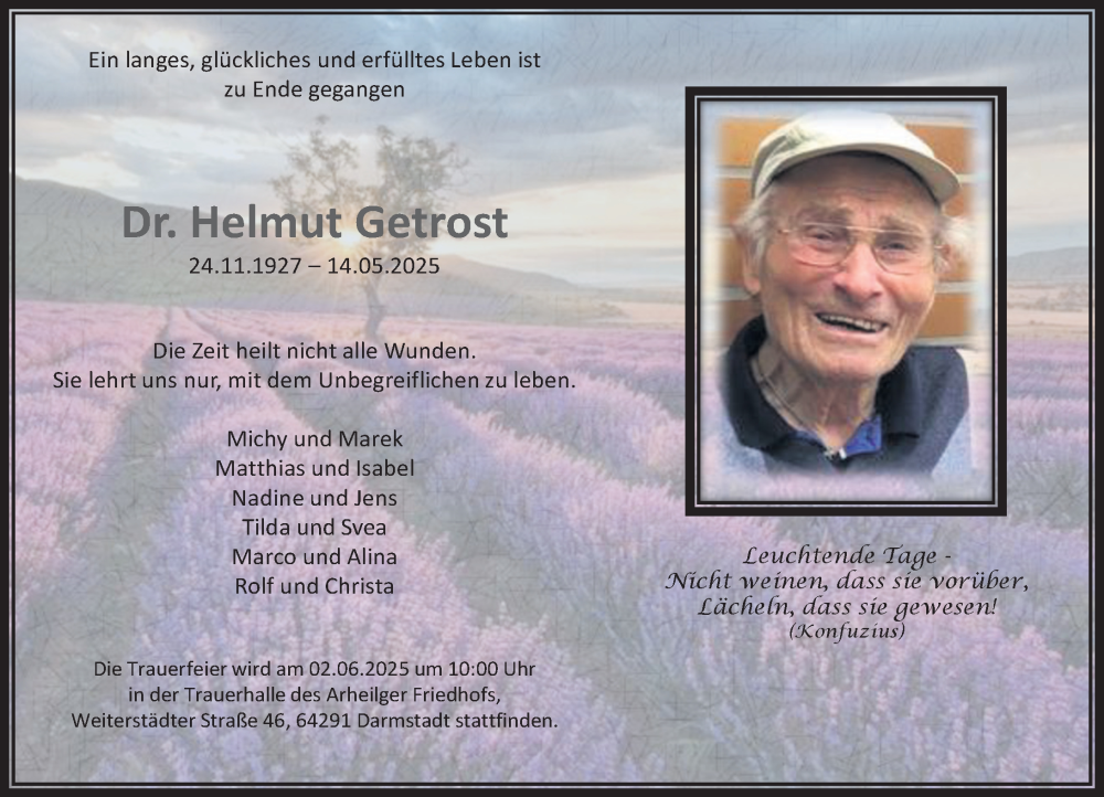  Traueranzeige für Helmut Getrost vom 24.05.2025 aus Darmstädter Echo
