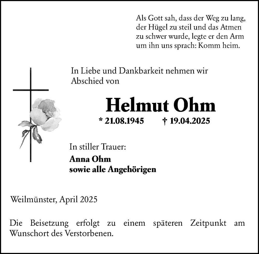 Traueranzeige für Helmut Ohm vom 03.05.2025 aus Weilburger Tageblatt
