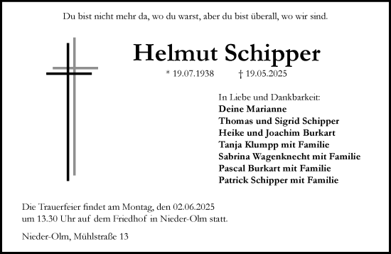 Traueranzeige von Helmut Schipper von Allgemeine Zeitung Mainz