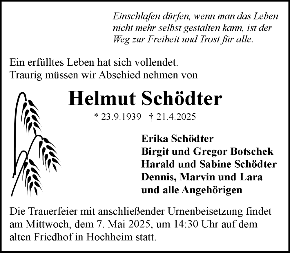  Traueranzeige für Helmut Schödter vom 02.05.2025 aus Hochheimer Zeitung