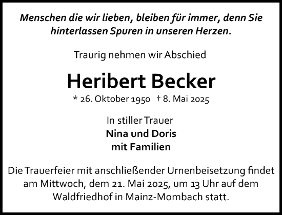 Traueranzeige von Heribert Becker von Allgemeine Zeitung Mainz