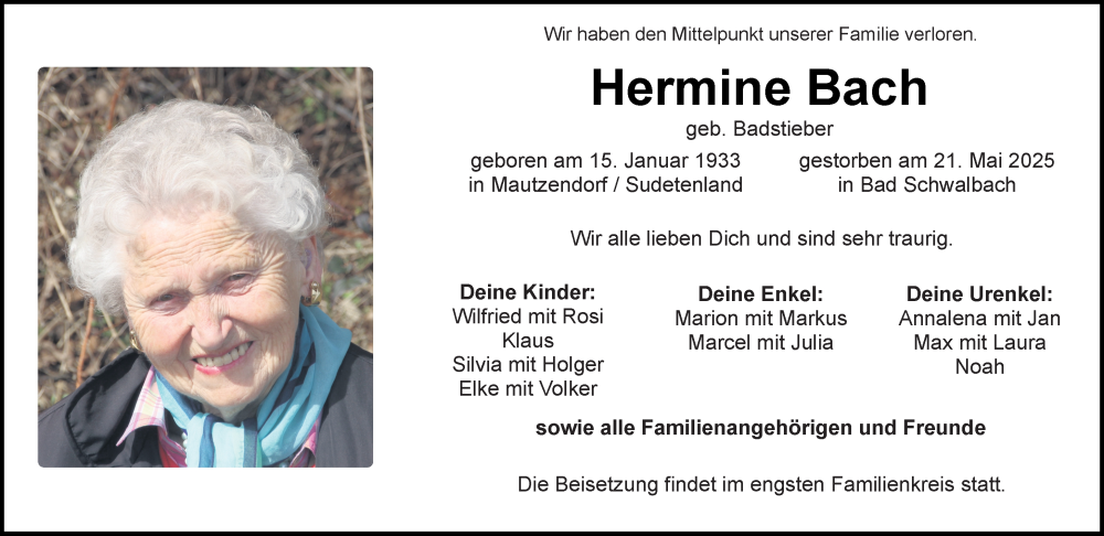  Traueranzeige für Hermine Bach vom 31.05.2025 aus Idsteiner Land/Untertaunus