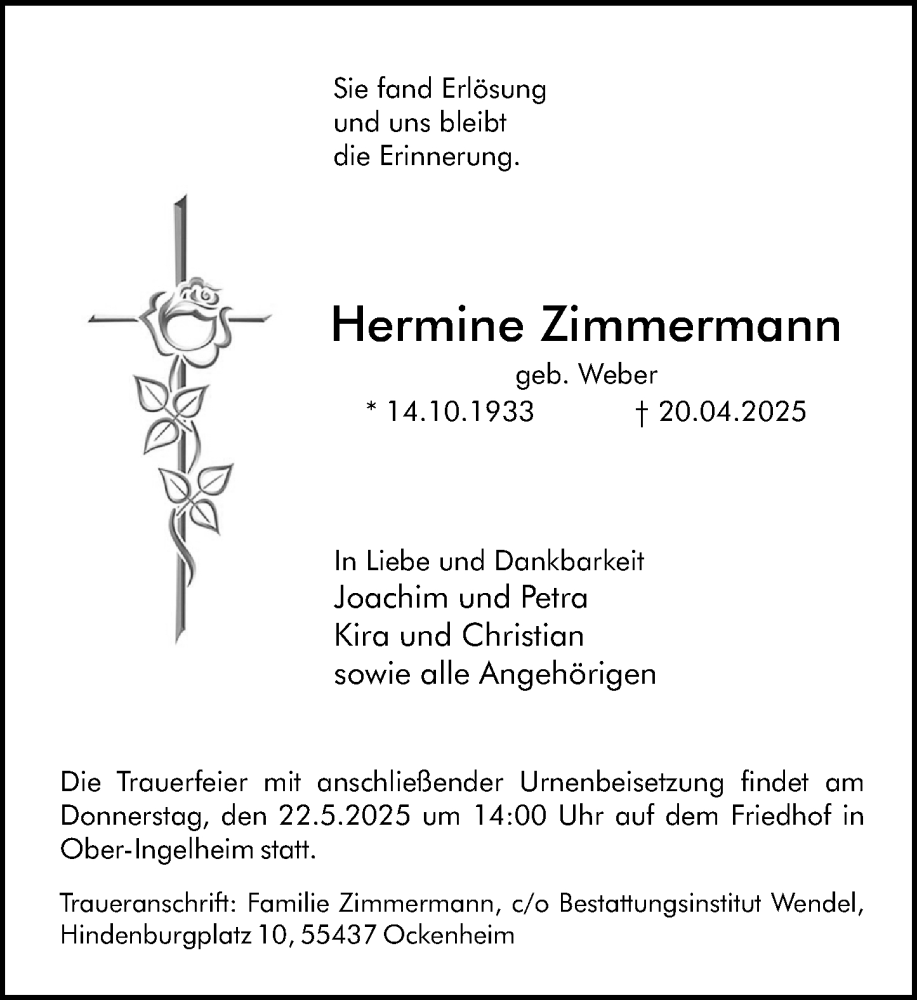  Traueranzeige für Hermine Zimmermann vom 03.05.2025 aus Allgemeine Zeitung Rheinhessen-Nahe