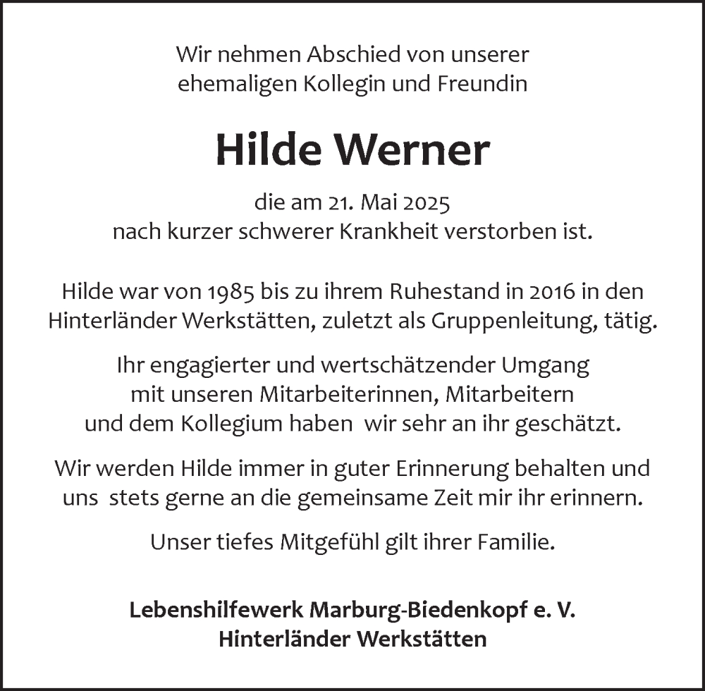  Traueranzeige für Hilde Werner vom 31.05.2025 aus Hinterländer Anzeiger