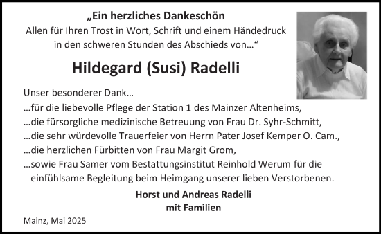 Traueranzeige von Hildegard Radelli von Allgemeine Zeitung Mainz