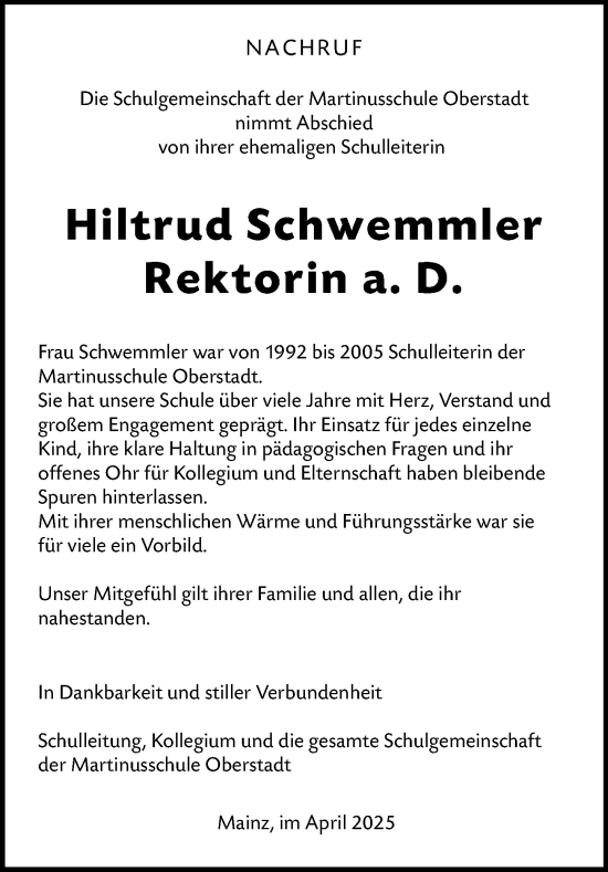 Traueranzeige von Hiltrud Schwemmler von Allgemeine Zeitung Mainz