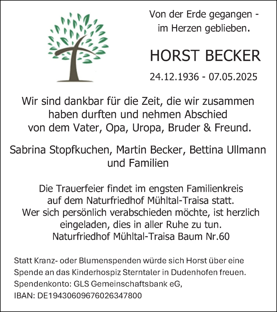  Traueranzeige für Horst Becker vom 24.05.2025 aus Darmstädter Echo
