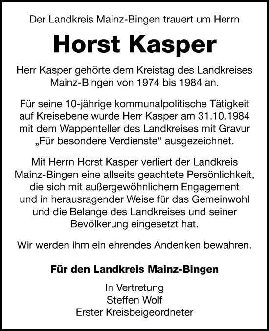 Traueranzeige von Horst Kasper von Allgemeine Zeitung Mainz