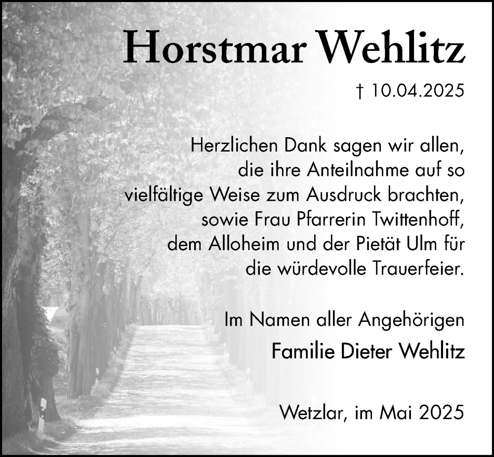  Traueranzeige für Horstmar Wehlitz vom 10.05.2025 aus Wetzlarer Neue Zeitung