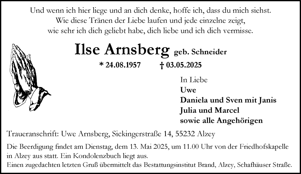  Traueranzeige für Ilse Arnsberg vom 10.05.2025 aus Allgemeine Zeitung Alzey