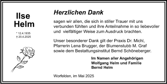 Traueranzeige von Ilse Helm von Groß-Gerauer Echo