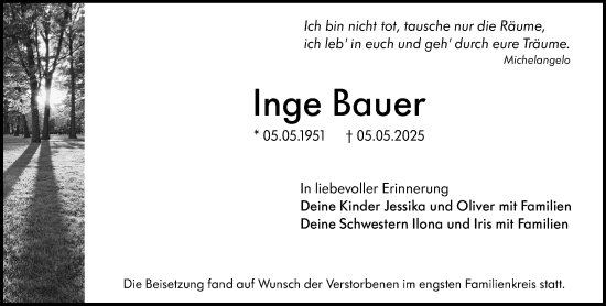 Traueranzeige von Inge Bauer von Groß-Gerauer Echo