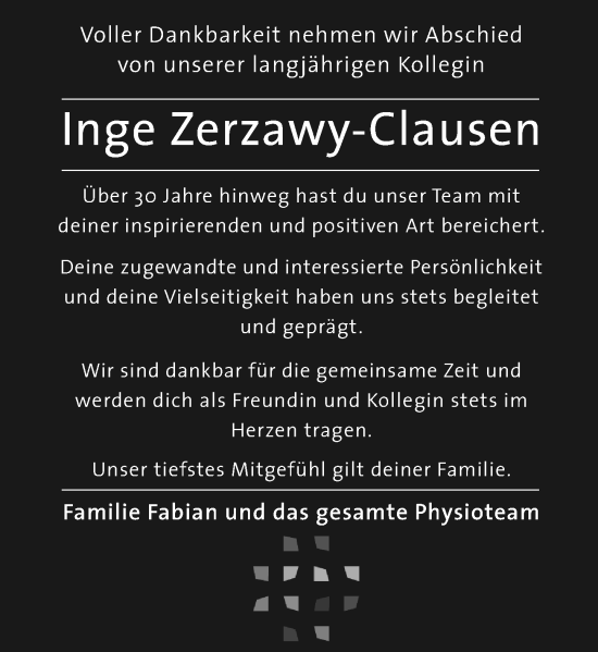 Traueranzeige von Inge Zerzawy-Clausen von Wiesbadener Kurier