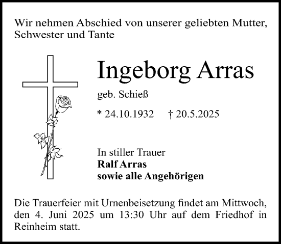 Traueranzeige von Ingeborg Arras von Darmstädter Echo