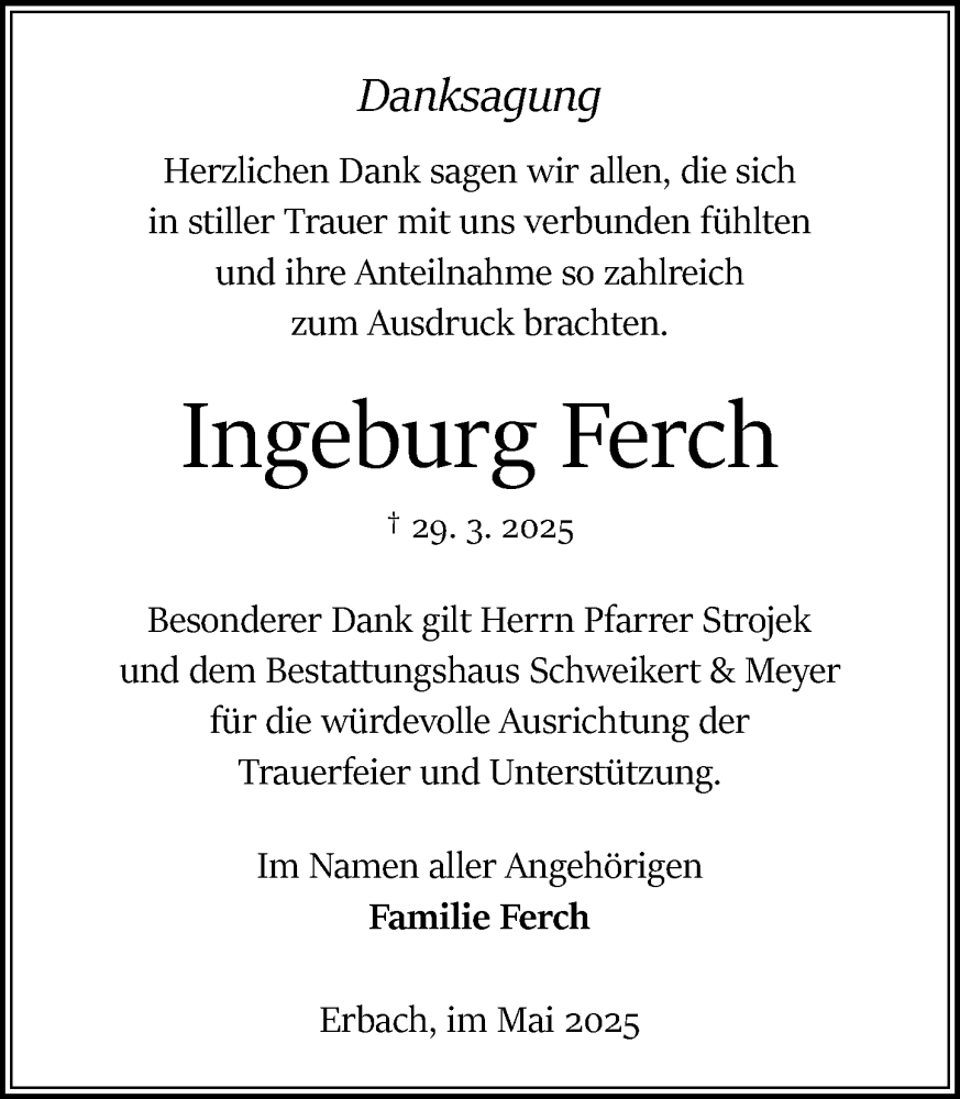  Traueranzeige für Ingeburg Ferch vom 03.05.2025 aus Odenwälder Echo