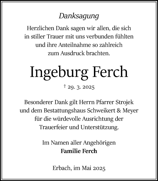 Traueranzeige von Ingeburg Ferch von Odenwälder Echo