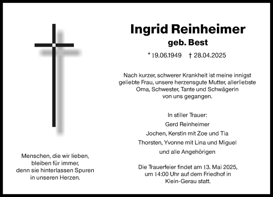 Traueranzeige von Ingrid Reinheimer von Groß-Gerauer Echo