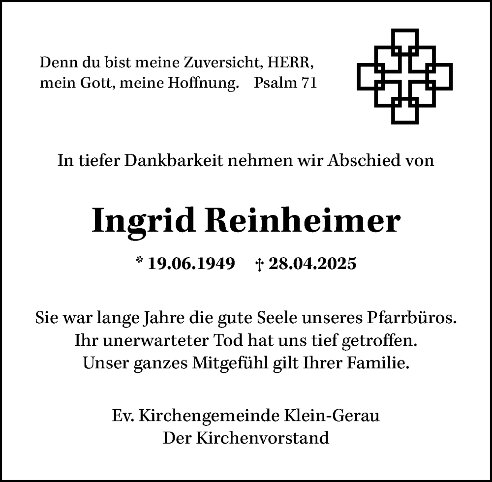  Traueranzeige für Ingrid Reinheimer vom 10.05.2025 aus Groß-Gerauer Echo