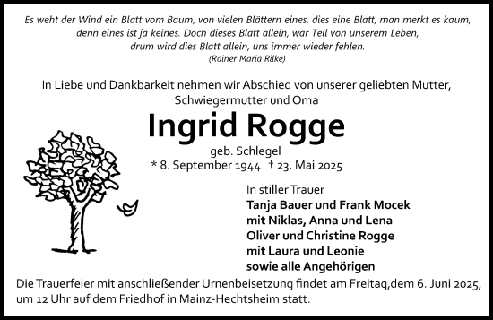 Traueranzeige von Ingrid Rogge von Allgemeine Zeitung Mainz