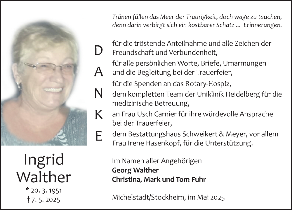  Traueranzeige für Ingrid Walther vom 31.05.2025 aus Odenwälder Echo