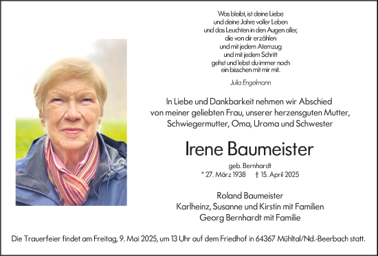 Traueranzeige von Irene Baumeister von Darmstädter Echo