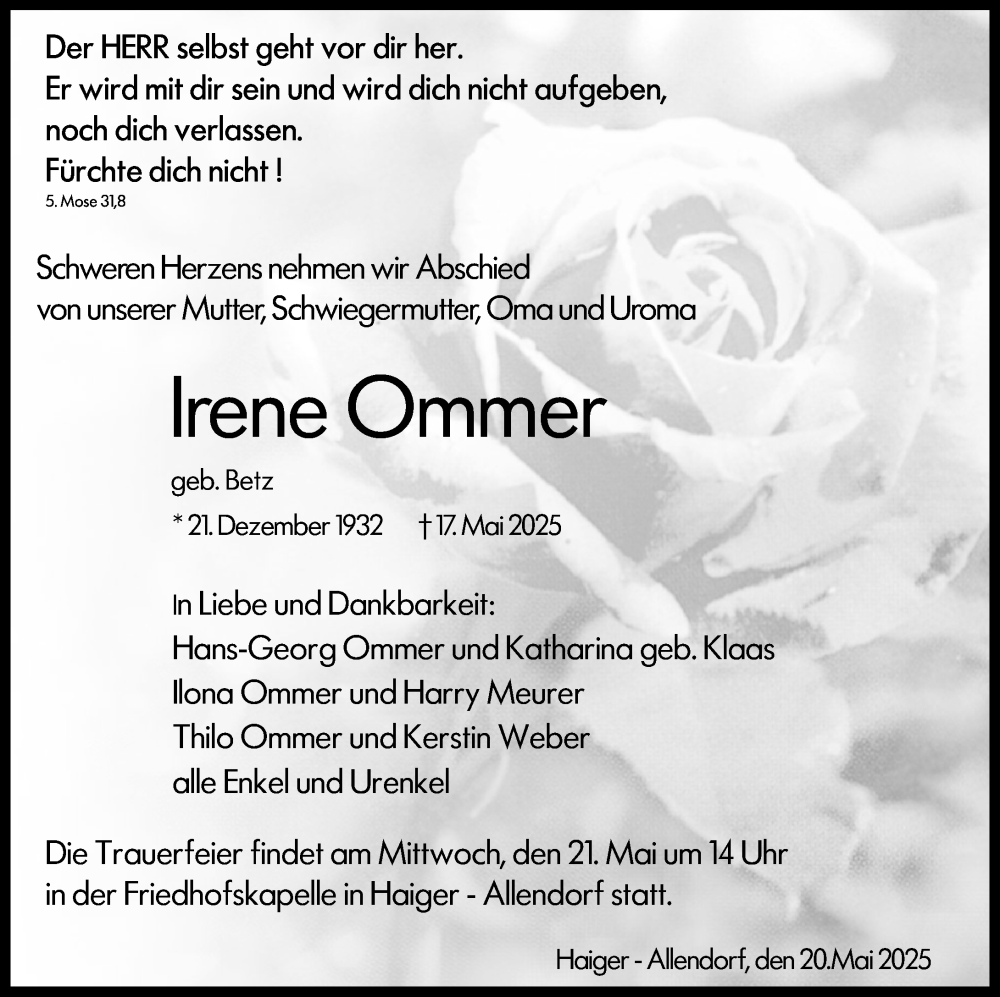  Traueranzeige für Irene Ommer vom 20.05.2025 aus Dill Block