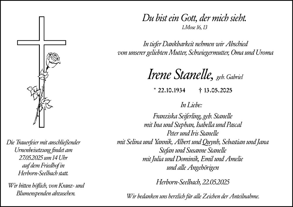  Traueranzeige für Irene Stanelle vom 22.05.2025 aus Dill Block
