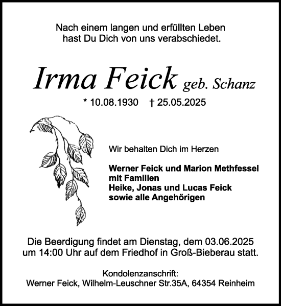 Traueranzeige von Irma Feick von Darmstädter Echo