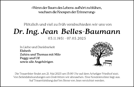 Traueranzeige von Jean Belles-Baumann von Darmstädter Echo