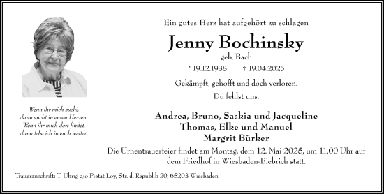 Traueranzeige von Jenny Bochinsky von Wiesbadener Kurier