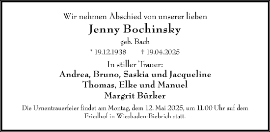 Traueranzeige von Jenny Bochinsky von Allgemeine Zeitung Mainz